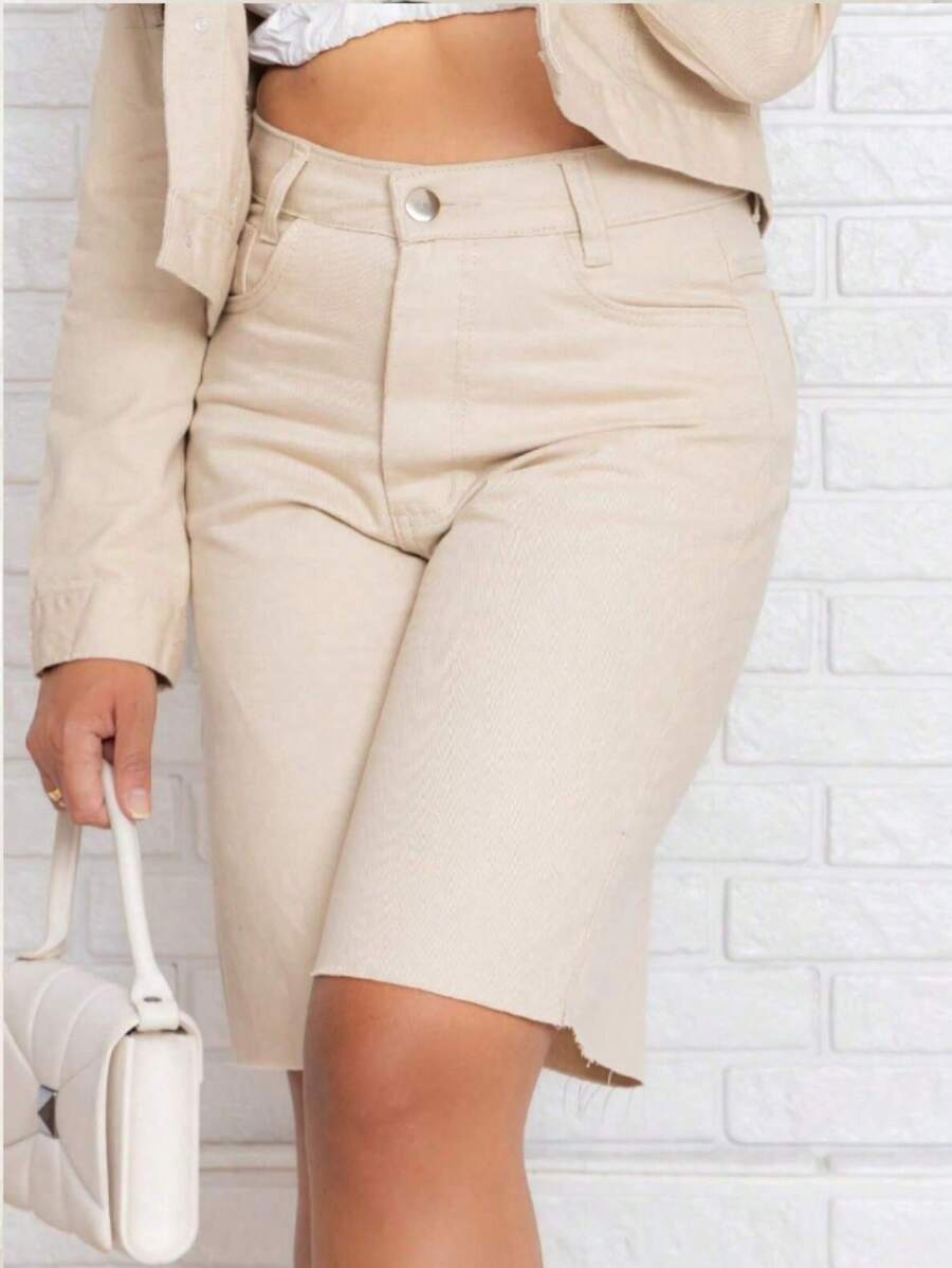 Women Denim Shorts - 米色 - 查看 1