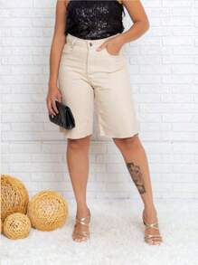 Women Denim Shorts - 米色 - 查看 2