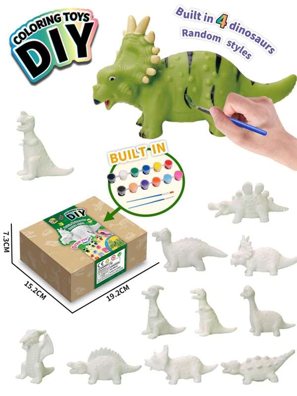 1 Conjunto DIY Pintura Cerâmica 4 Peças Pequenos Brinquedos Educativos de Desenho Criativo em Formato de Dinossauro com Acessórios de Cores Aleatórias