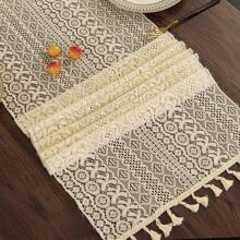 1pc Beige Hollow Tassel Decorative Tablecloth, Vintage Bohemian Geometric Embroidery, For Dining Room & Kitchen - Beige - View 8