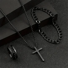 3pcs Men's Hip Hop Stainless Steel  Chain Rotate Decompression Ring Cross Set - Ring Necklace Bracelet Set - View 8