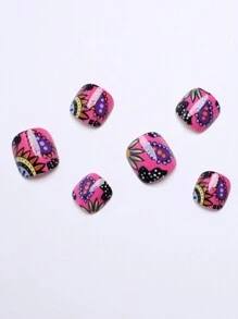 24Pcs Fancy Square-Shaped Press-On Toenails With Colorful & Dazzling Pattern Design, Great For Daily Wear, Come With Gel And File Nail Supplies Nails - Multicolor - View 4