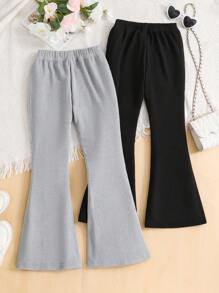 2pcs Tween Girls' Simple & Fashionable Ribbed Flared Pants Set With Elastic Waistband, Daily Casual, Autumn/Winter - Multicolor - View 2