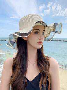 1 pieza Sombrero de verano de mujer estilo bohemio con bordes ondulados, detalle de lazo, ala ancha, sombrero de paja plegable de moda para protección solar al aire libre o diaria, regalo del Día de San Valentín
