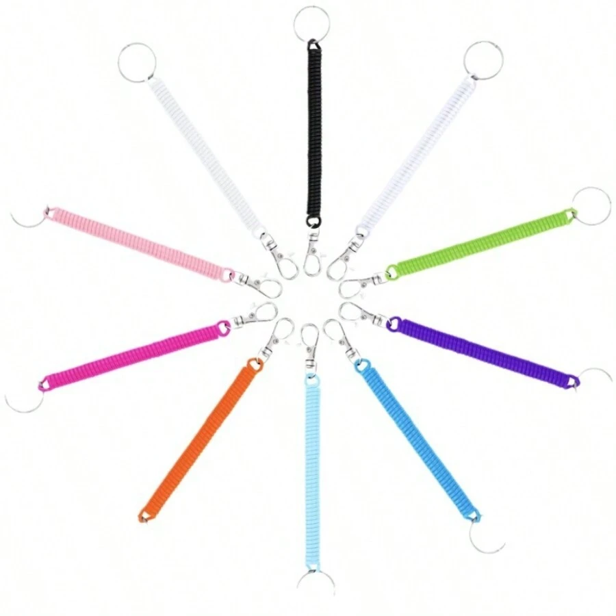 10入組 4寸螺旋彈性彈簧鎖匙扣，帶龍頭扣環，用於鎖匙、錢包、手機和其他貴重物品的防盜彈性安全鎖匙扣，10種顏色 - 彩色 - 查看 1