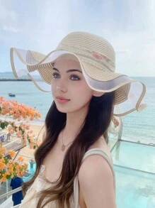 1 pieza Sombrero de verano de mujer estilo bohemio con bordes ondulados, detalle de lazo, ala ancha, sombrero de paja plegable de moda para protección solar al aire libre o diaria, regalo del Día de San Valentín