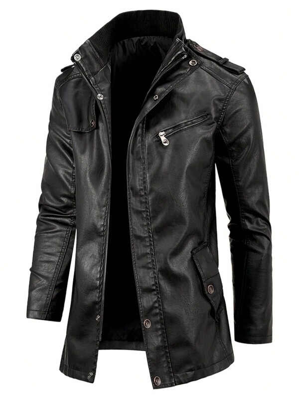 1 Stück Herren Outdoor Lässig Jacke in mittlerer Länge mit Stehkragen, PU-Lederjacke für Frühling & Herbst