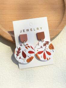 1pair Women's Maple Leaf, Fallen Leaf & Dead Leaf Printed Terracotta-Like Round Acrylic Earrings/Studs, Swinging In The Wind