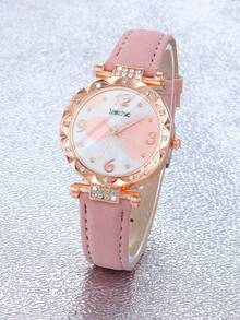 6-teiliges Schmuckset aus Damen Armbanduhr mit Strass, rosa Lederband, Halskette, Ohrringe und Armband als Geschenk für Studenten zum Schulstart - Pink - Übersicht 2