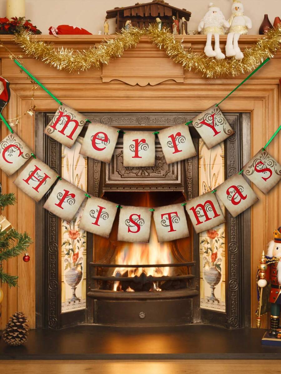 1入復古聖誕派對裝飾“merry Christmas”橫幅,適用於聖誕樹場景 - 彩色 - 查看 1