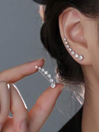 SYMFNY 1 par de pendientes de clip de oreja brillantes con circonita cúbica engastada de plata de ley 925 de lujo