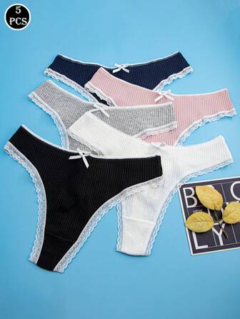 5 件装女士多色蝴蝶结蕾丝边性感丁字裤