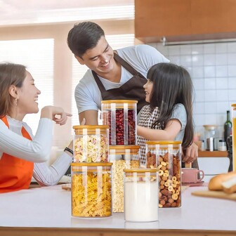 1pc 500ML(16.95OZ)/577ML(19.56OZ)/800ML(27OZ)/888ML(30.1OZ)/950ML(32.2OZ)/1100(37.3OZ)/2200ML(74OZ) High Borosilicate Glass Food Container With Bamboo Lid, Glass Jar With Airtight Bamboo Lid Stackable Kitchen Canisters For Candy,Cookie,Rice,Sugar,Flour,Pasta,Nuts And Spice Jars,Storage,Kitchen Organiser,Organizer,Kitchen Items,Room Decor,Home Decor.