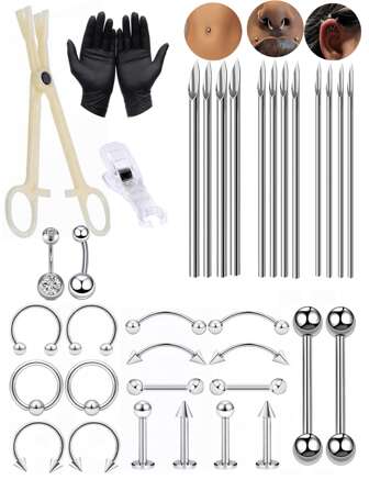 1 Set Of 35/27pcs Dedicated Perforation Tool Kit, Including 12 Sterile (14G16G18G) Piercing Needles, 2 Triangle Forceps/Gloves, And 20/10pcs Stainless Steel Piercing Jewelry, Suitable For Piercing Belly/Lip/Nose/Eyebrow/Ear