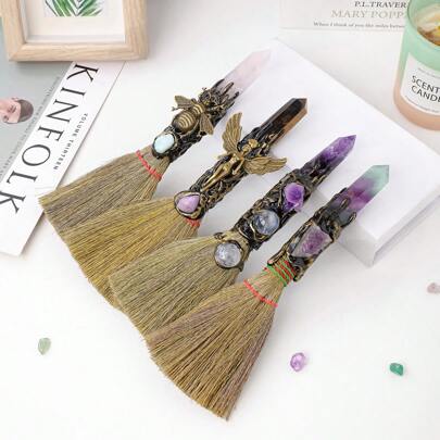 1PC Crystal Magic Broom Natural Amethyst Point Craft Witch Broomstick Divination Energy Reiki Healing Home Decoration Gift 4th Of July Women Fathers Dad Gift