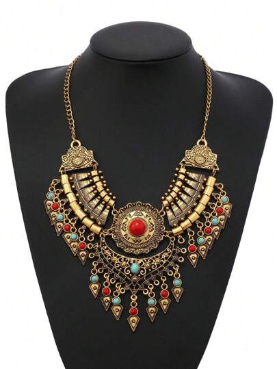 復古流蘇項鍊，樹脂鑲嵌女士短頸鍊，合金頸鍊