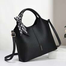 1 件新款时尚黑色 PU 皮革女士手提包，荔枝纹多层托特包，适合韩国女士生日礼物，优雅适合工作通勤和商务，纯色百搭妈妈包，柔软皮革单肩包和斜挎包，有史以来最好的母亲节礼物