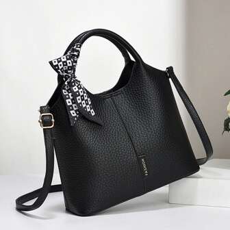 1pc New Stylish Black PU Leather Women's Handbag, Litchi Pattern Multi-Layer Tote Bag For Korean Lady's Birthday Gift, Elegant For Work Commute And Business, Solid Color Versatile Bag For Mom, Soft Leather Shoulder & Crossbody Bag, Best Mother's Day Gifts Ever