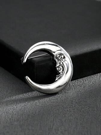 1pc Fashionable European & American Style Large Silver Crescent Moon Unisex Personalized Brooch Pin For Suit Or Jacket