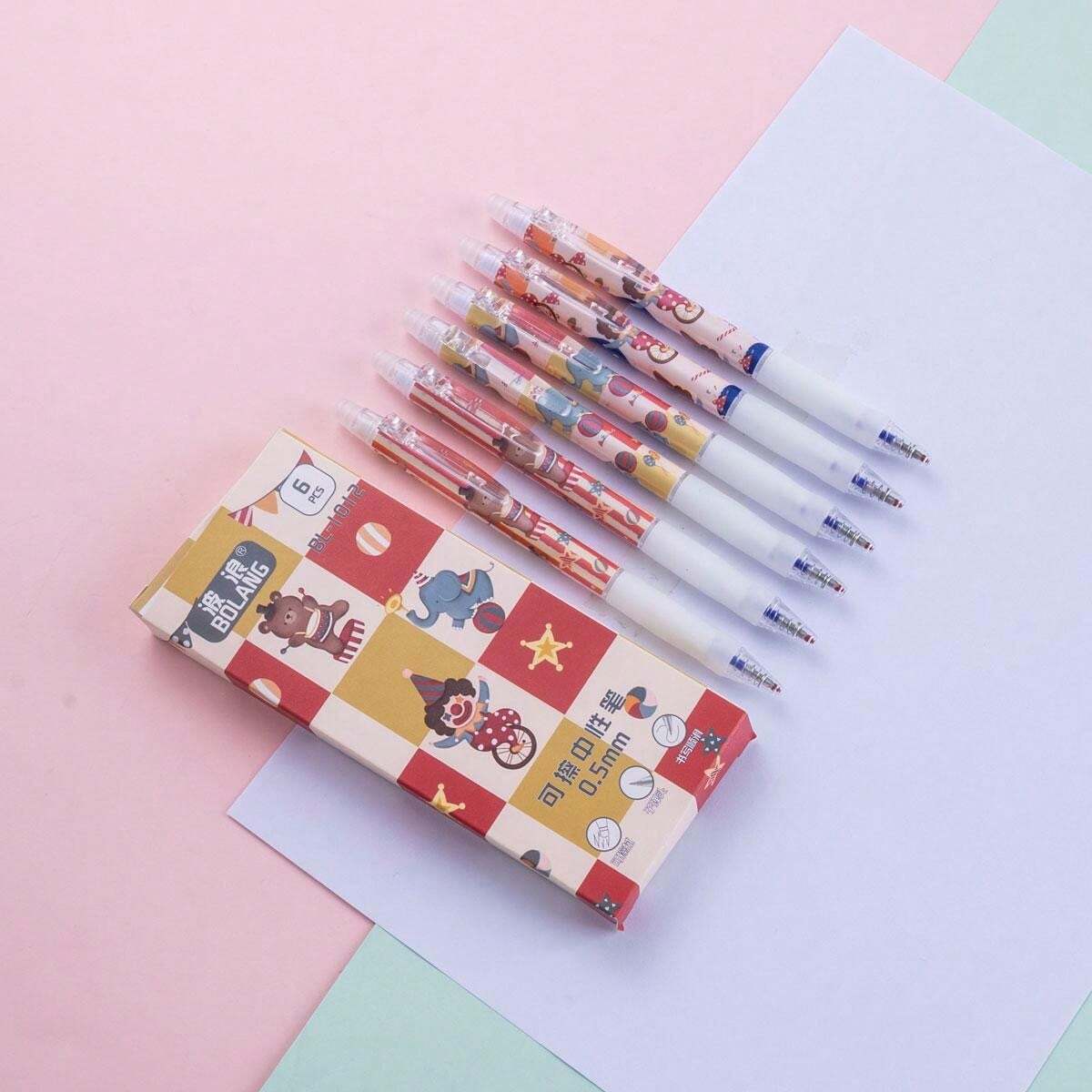 1 Box 6pcs Cartoon Circus Shape Press Erasable Ballpoint Pen, 0.5 Mm