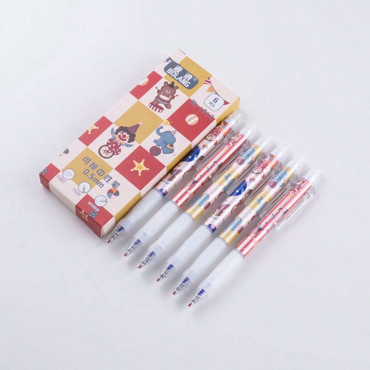 1 Box 6pcs Cartoon Circus Shape Press Erasable Ballpoint Pen, 0.5 Mm