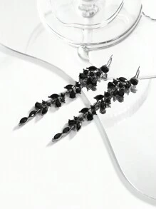 1對優雅的黑色合金電鍍槍黑色長枝設計，配鑽石和閃亮的水晶吊墜耳環，女士珠寶婚禮派對約會禮物 - 黑色 - 查看 2