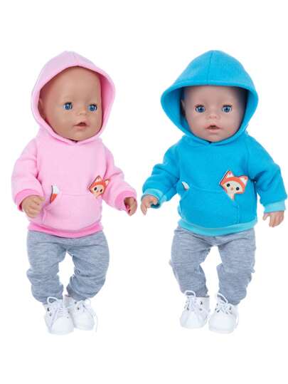 16 Inch Cross-Border New Product Doll Clothes, Blue & Pink Fox Design, American Girl Doll Clothes, Children Plush Doll Cartoon Hoodie