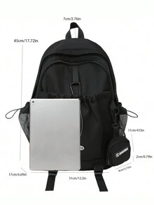 時尚男女皆宜的多拉鍊功能背包，方便攜帶的學院風款拉繩設計電腦背包，附贈小包，適用於學校、購物、旅行等，新生返校多功能宿舍大學父親節禮物 - 黑色 - 查看 5