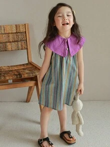 1 pièce Robe camisole vintage style blocs de couleurs rayé sans manches avec grand revers, pour l'été
