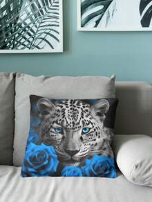 1入組野生豹和藍色玫瑰短毛絨枕套，拉鍊式單面印刷坐墊套，家居裝飾沙發臥室裝飾，不含枕芯，18x18英寸 - 彩色 - 查看 3