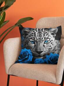 1入組野生豹和藍色玫瑰短毛絨枕套，拉鍊式單面印刷坐墊套，家居裝飾沙發臥室裝飾，不含枕芯，18x18英寸 - 彩色 - 查看 4