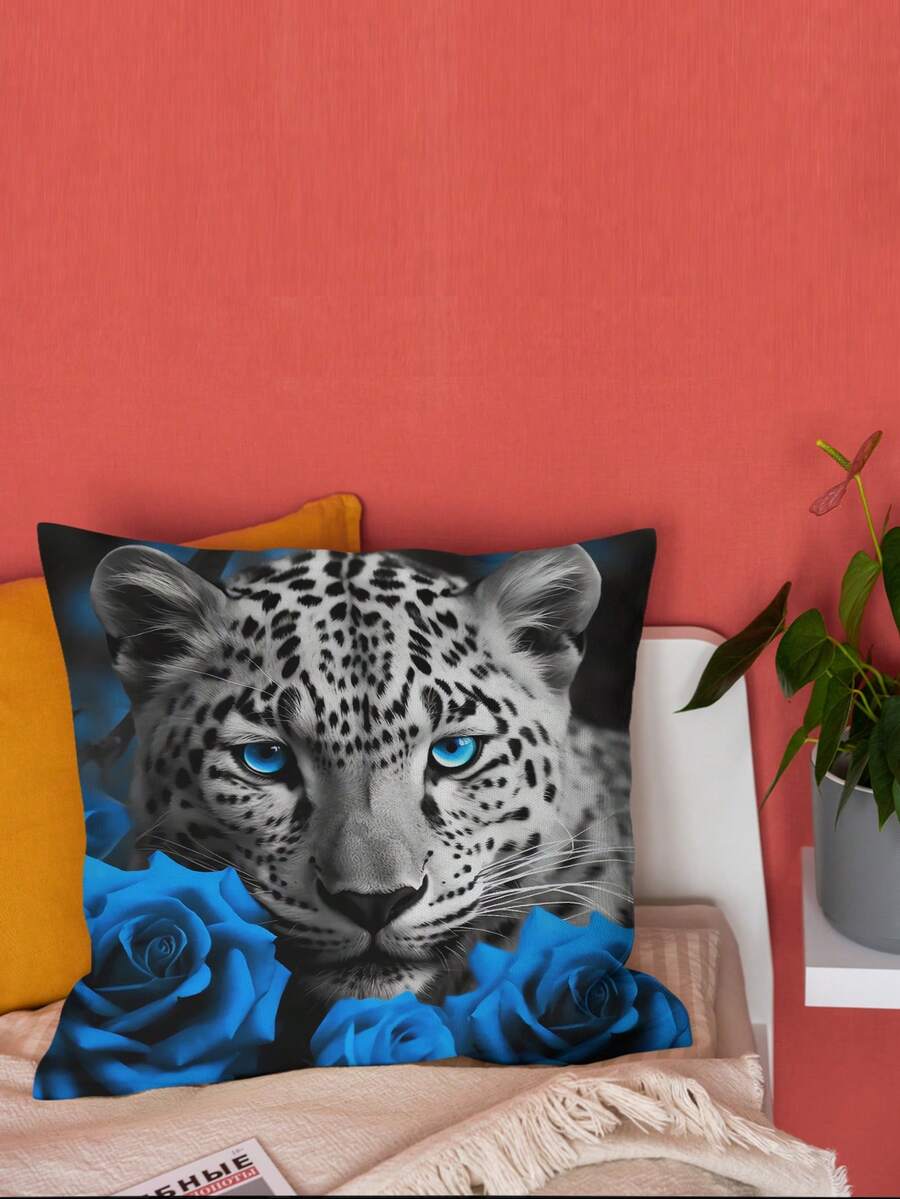 1入組野生豹和藍色玫瑰短毛絨枕套，拉鍊式單面印刷坐墊套，家居裝飾沙發臥室裝飾，不含枕芯，18x18英寸 - 彩色 - 查看 1