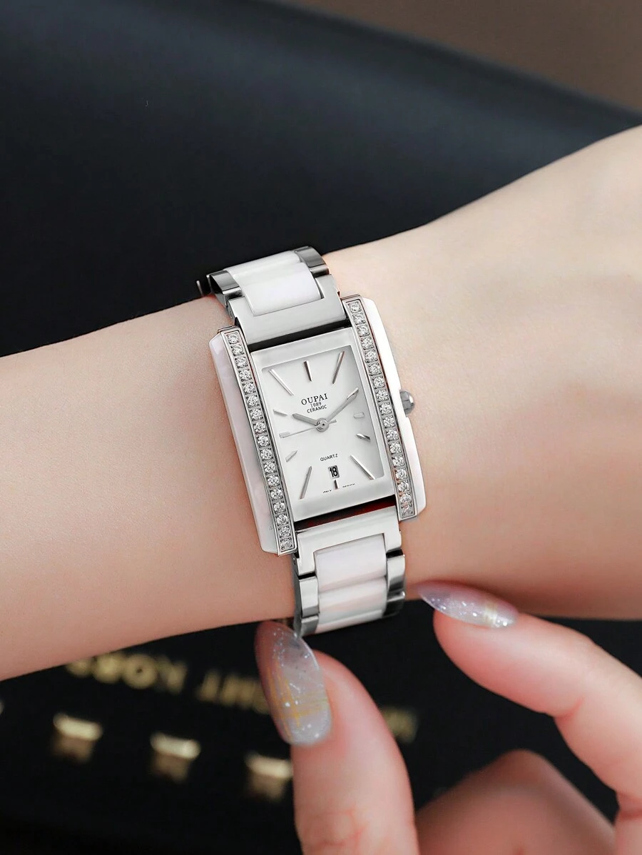OUPAI 1入優雅女性長方形錶盤不鏽鋼手錶，白色陶瓷鏈接，銀色框架，日期日歷和鑽石，適用於日常派對 - 白色 - 查看 1