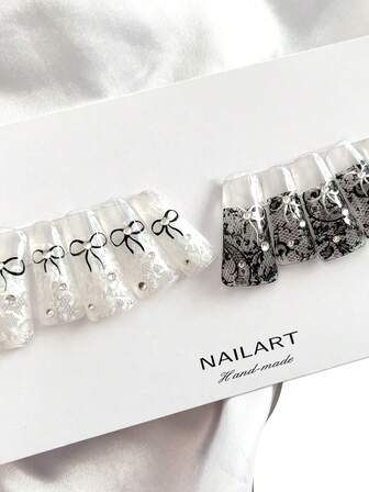 鸭子美甲法式手工透明按压式美甲，蕾丝图案，平底水钻，3D艺术设计组合 - 全覆盖式人造DIY闪亮假指甲，适合日常佩戴、派对、婚礼、节日、聚会、工作和特殊场合 - 10片/包