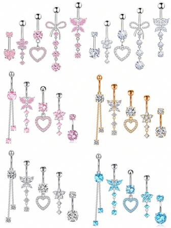 5pcs Micro Inlay Copper Butterfly Shaped Pendant Women's Sexy Belly Button Ring Heart Shaped Navel Piercing With Stainless Steel Curved Barbell Jewelry Valentines,Mom,Mother,Mother's Day,Gift