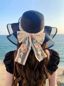 1 pieza Sombrero de verano de mujer estilo bohemio con bordes ondulados, detalle de lazo, ala ancha, sombrero de paja plegable de moda para protección solar al aire libre o diaria, regalo del Día de San Valentín