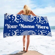 1pc Personalized Customization Beach Towel, Sea Wave Printing Beach Towel, Absorbent Beach Towel, Large Summer Beach Blanket, Gift For Beach Pool Party, Beach Essentials