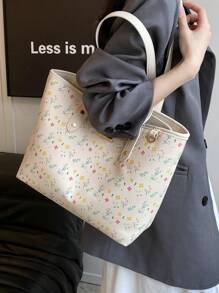 Spring And Summer New Floral Pattern PU Tote Bag, Waterproof Design, Fashionable Large-Capacity Shoulder Bag, Work Commuter Bag, Suitable For Daily Use By Women'school Bag,Back To School Backpack,Large Capacity,Lightweight,Portable, Suitable For Teen Girls Women College Students, Perfect For Back To School,College,Middle School, High School - White - View 4