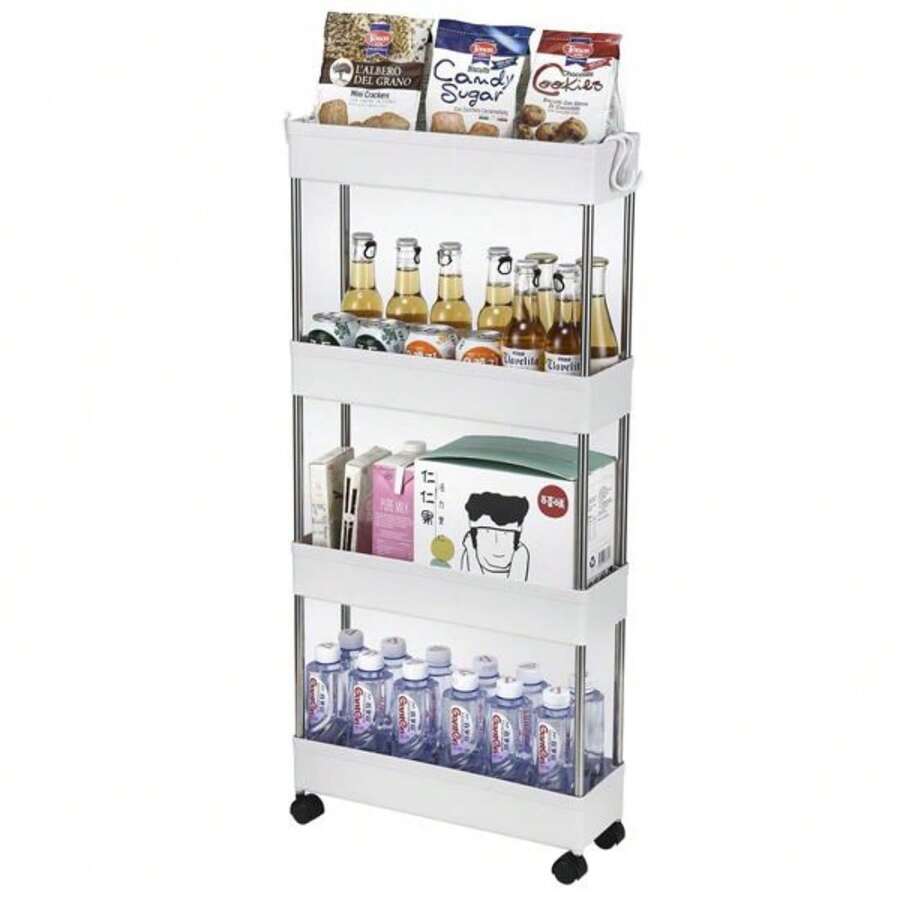 4-Layer Ultra-Thin, Mobile Multi-Functional Slim Storage Cart,Suitable For Kitchen, Bathroom, Laundry Room Narrow Place, Plastic And Stainless Steel, White - 白色 - 查看 1