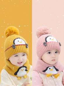 2pcs Little Penguin yellow children's hat scarf set,Baby thick knit hat warm baby knit hat autumn and winter - Multicolor - View 1