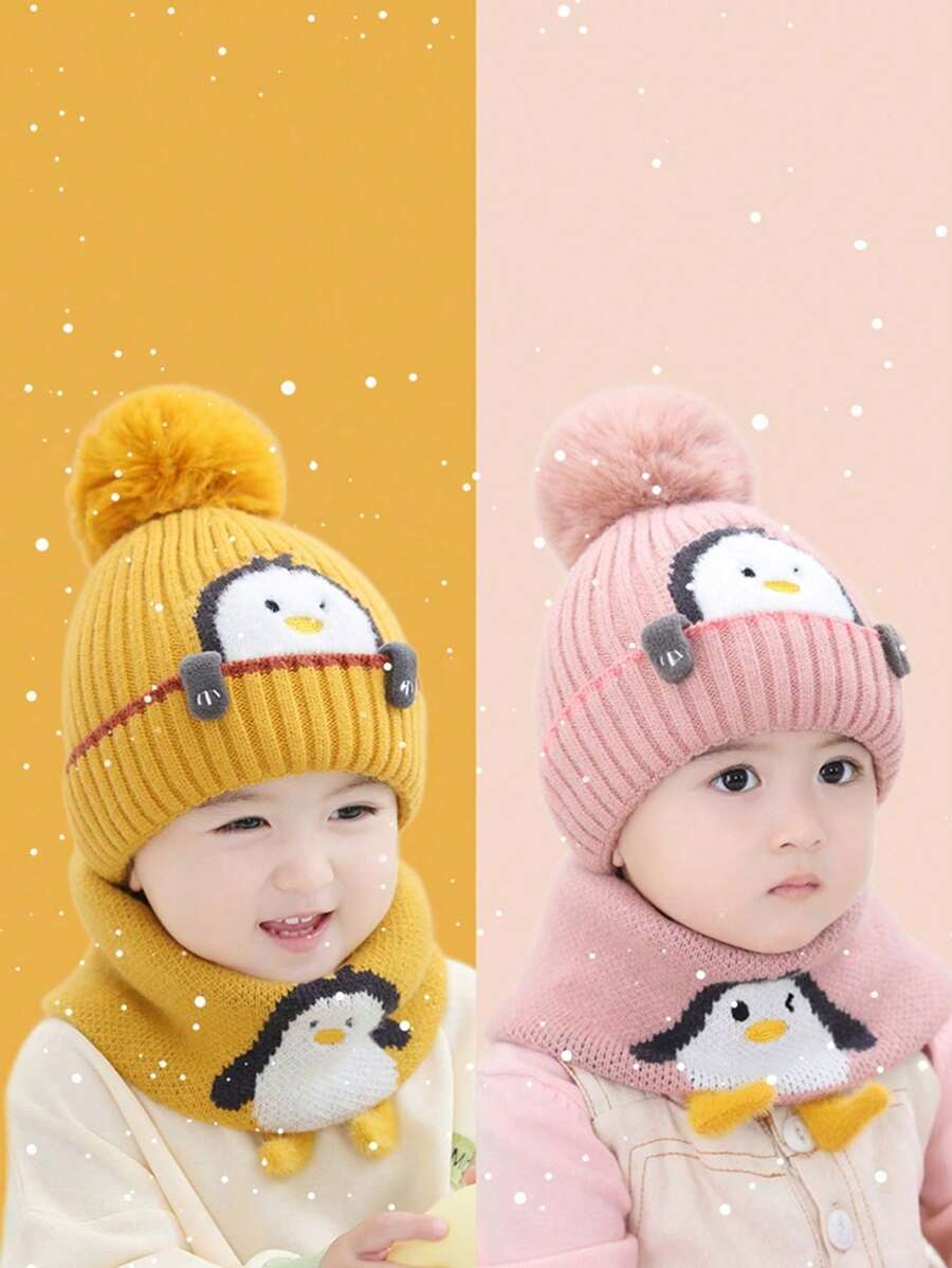 2pcs Little Penguin yellow children's hat scarf set,Baby thick knit hat warm baby knit hat autumn and winter - Multicolor - View 1