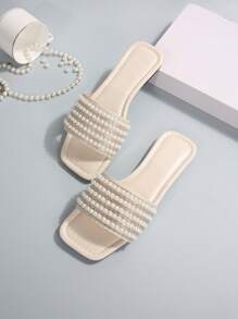 Women's Rhinestone Decorated Flat Sandals, Summer Casual Outdoor Plastic Slipper Shoes - White - View 4