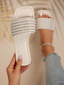 Women's Rhinestone Decorated Flat Sandals, Summer Casual Outdoor Plastic Slipper Shoes - White - View 1