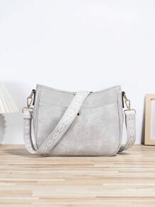 复古风格水桶包，复古风格斜挎包，纯素皮革单肩包，配有吉他背带和宽刺绣手柄 - 适合用作斜挎包、健身包、手提包等。 - 灰色 - 查看 4