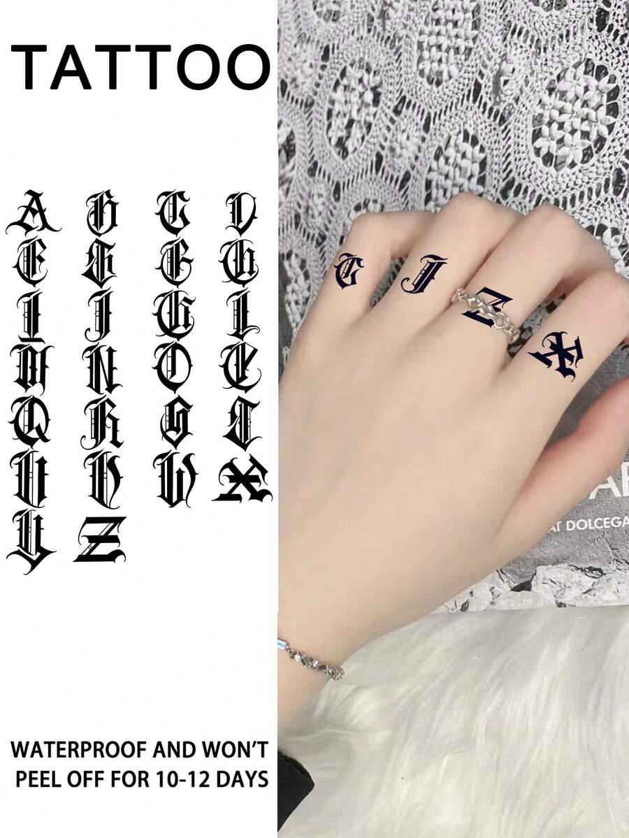 1入組26個英文字母暫時性刺青，防水防汗，真實草本汁液不反光幾何、仿黑色假紋身貼紙，男女通用指套、頸部、胸部現代主義身體藝術，持續1-2週