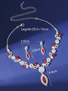 3PCS/ Set Gorgeous Rhinestone Jewelry Set, Flower-Shaped Water Drop Design Women's Necklace Earrings Set, Suitable For Dinner Wedding Parties - Red and White - View 4