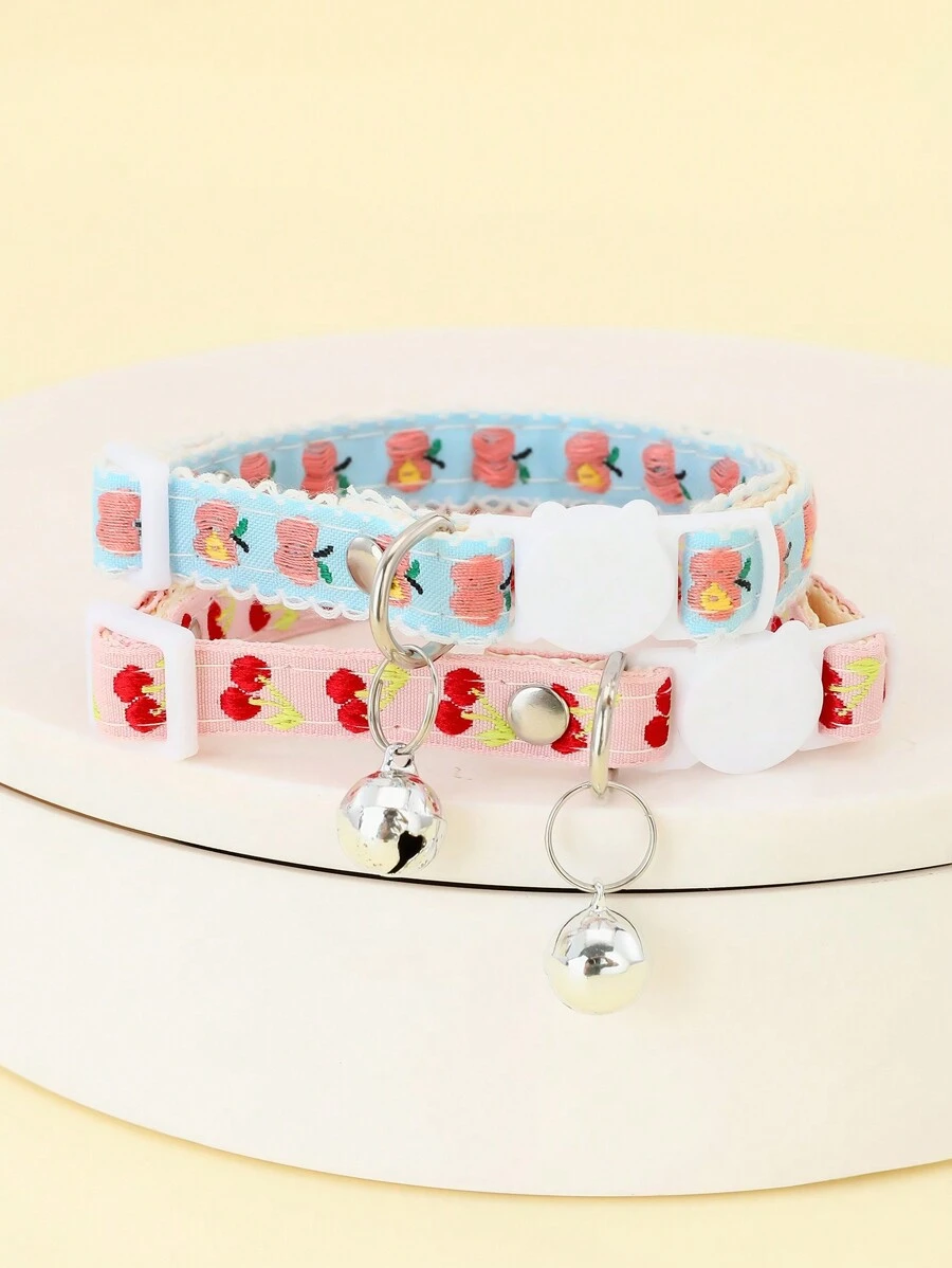 1pc Embroidered Fruit (Apple/Cherry) Pattern Pet Collar With Bell For Cats And Small Dogs, Adjustable With Buckle - Multicolor - View 1