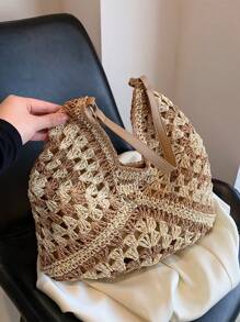 New Fashion Color-Block Woven Shoulder Bag, Handbag For This Season - Khaki - View 4