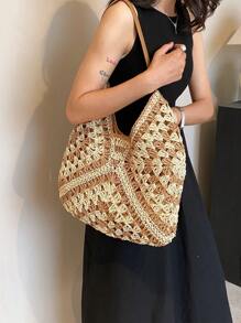 New Fashion Color-Block Woven Shoulder Bag, Handbag For This Season - Khaki - View 6
