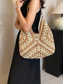 New Fashion Color-Block Woven Shoulder Bag, Handbag For This Season - Khaki - View 7